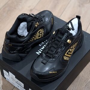 $795 Mens Balmain "Cosmic Dust" Leather Low-Top Sneakers Black/Gold 45 US 12